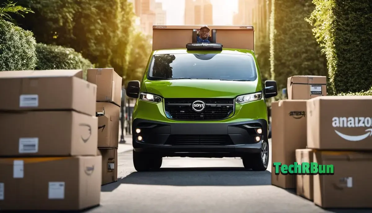 A delivery driver in an Amazon Flex vehicle with packages in the back, representing the economic and logistical challenges of the Amazon Flex model.