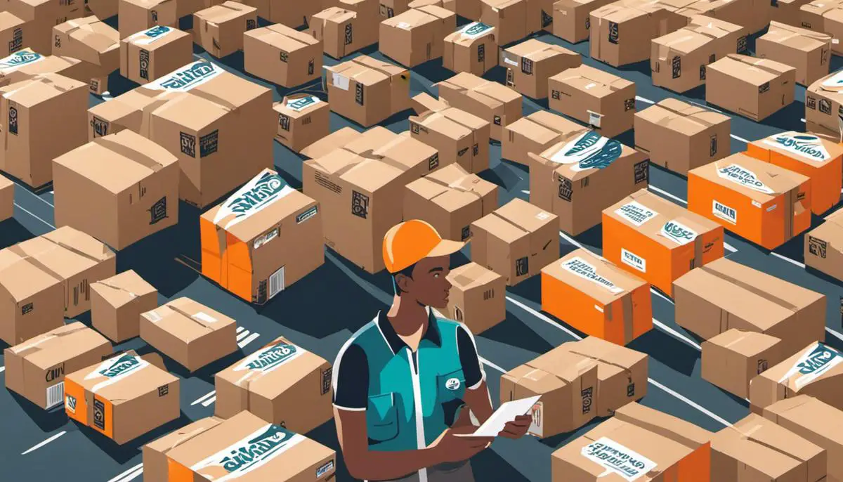 Illustration of a delivery person surrounded by Amazon Flex logos.