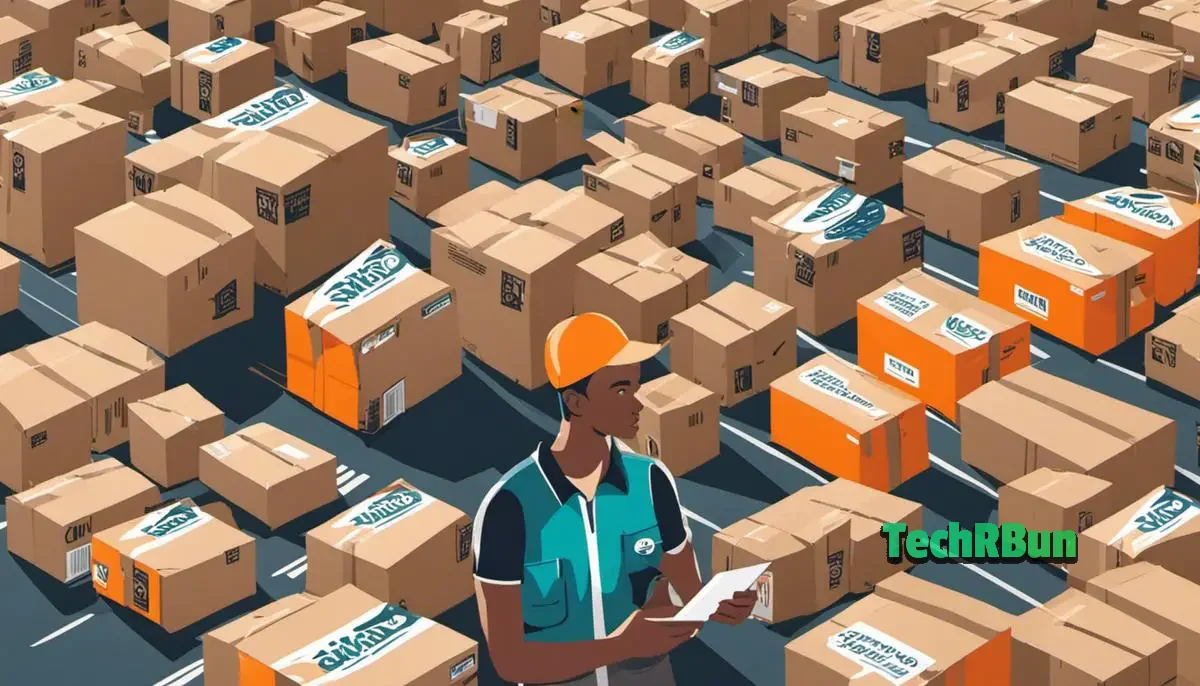 Illustration of a delivery person surrounded by Amazon Flex logos.