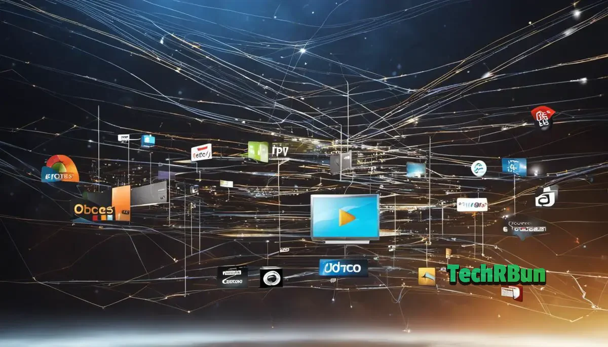 A depiction of various codecs representing the importance of codecs in IPTV streaming, with dashed lines connecting them to a streaming device.