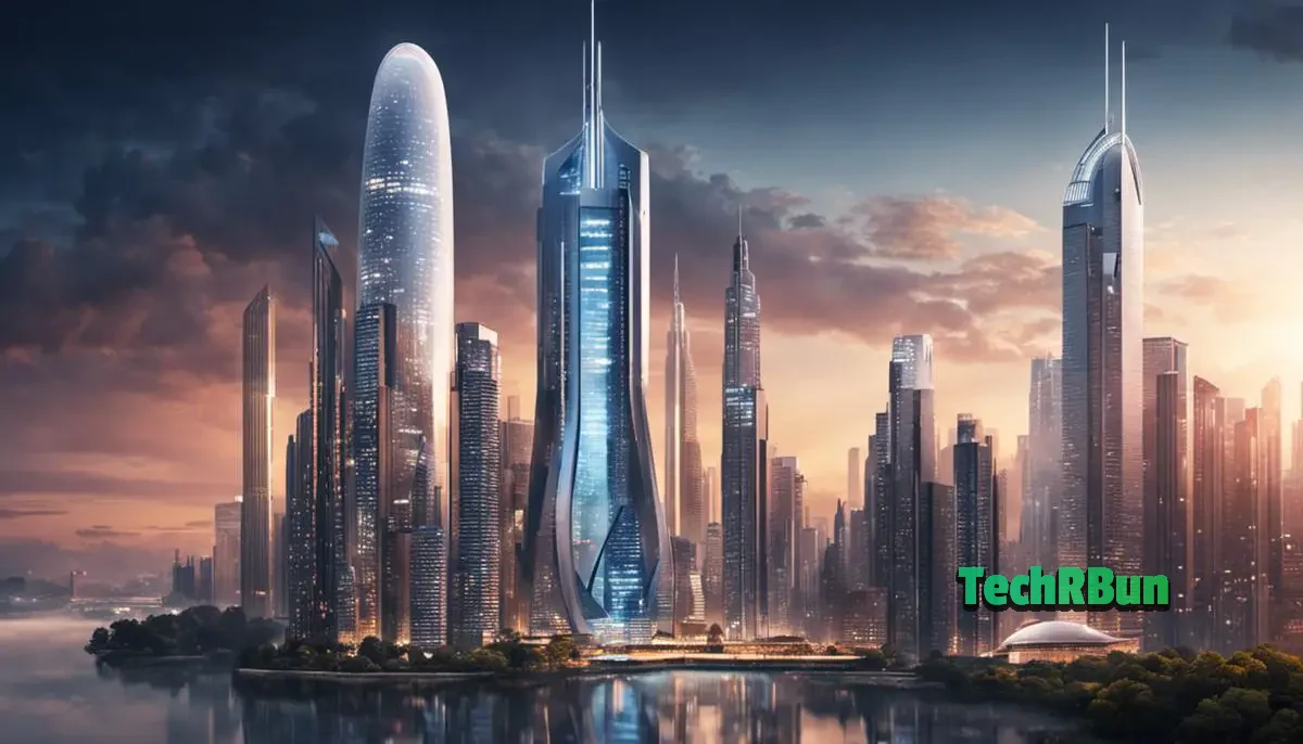 A futuristic city skyline with a high-rise building, representing the tech innovations that can revolutionize Airbnb's business in the evolving online real estate marketplace.