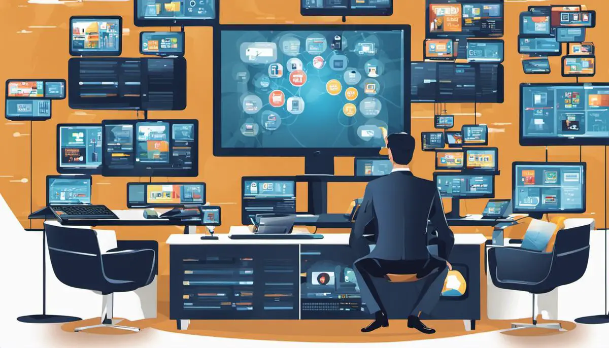 Illustration of a businessman holding a server and surrounded by screens showing various IPTV content and applications.