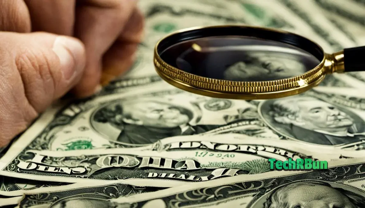 Image depicting a person holding a magnifying glass examining the number 10 on a dollar bill