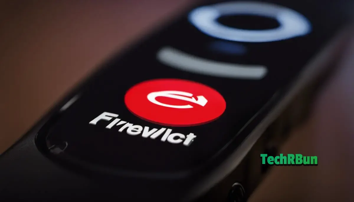 A close-up image of a Firestick remote with a red jailbreaking symbol overlayed