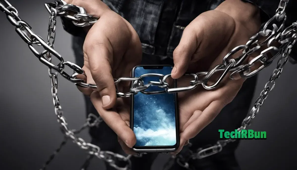 A person using a smartphone with broken chains around it, representing jailbreaking and the freedom it provides for the device