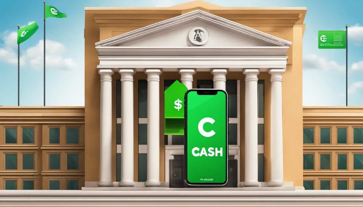 Illustration of a mobile device with the Cash App logo and a bank building icon