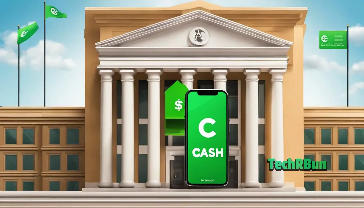 Illustration of a mobile device with the Cash App logo and a bank building icon