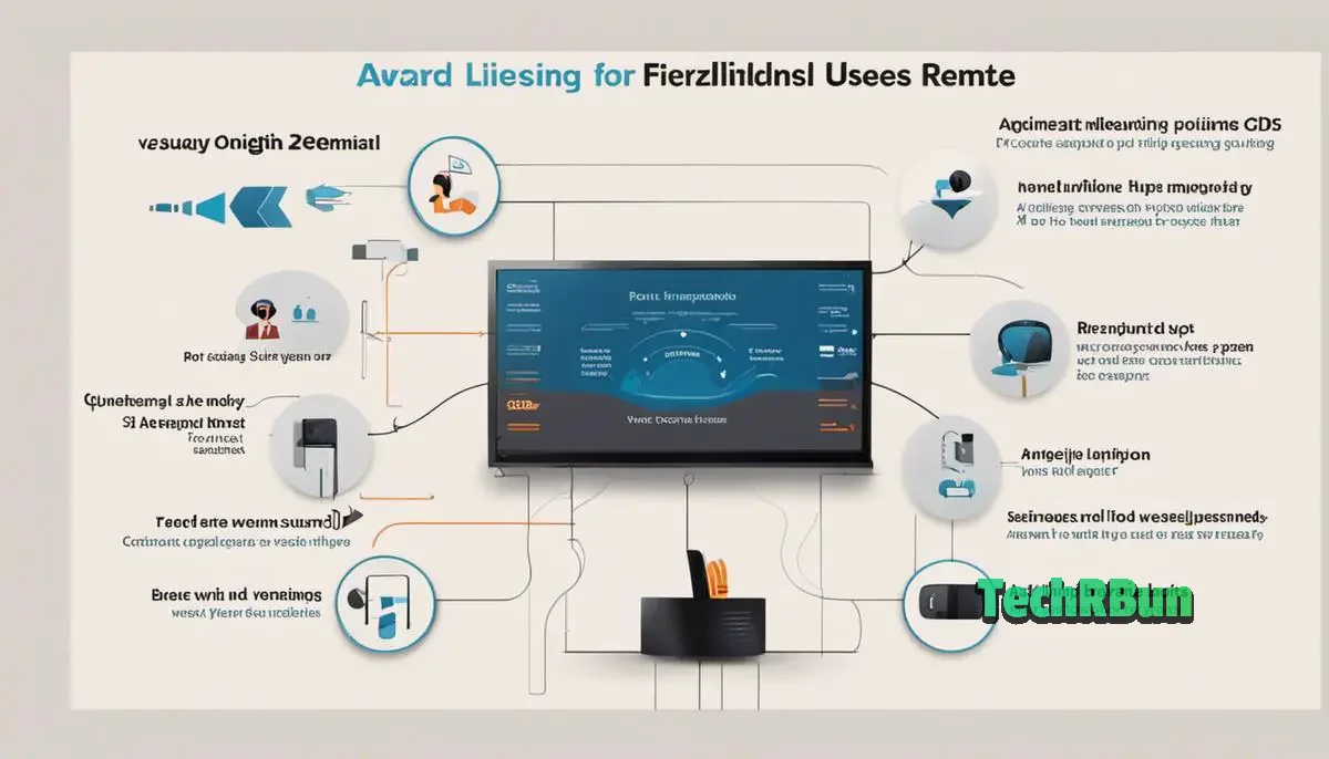 Illustration of a person using a Firestick remote with arrows pointing to different steps for visually impaired users.
