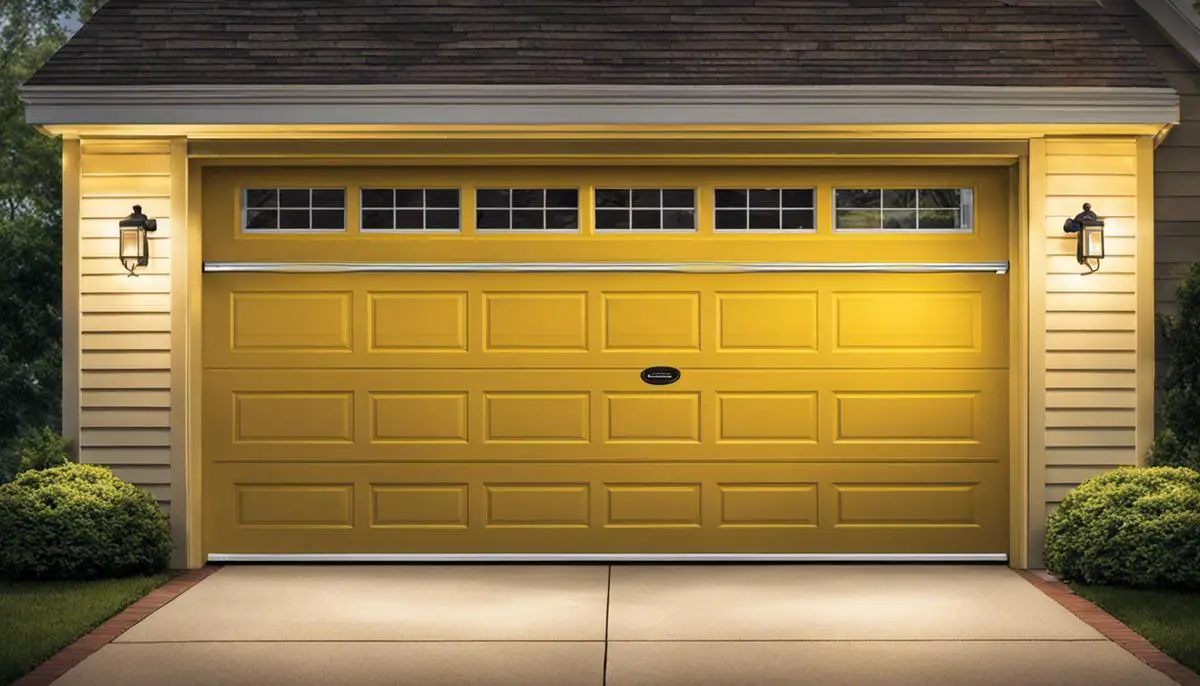 Illustration of a LiftMaster garage door opener with a yellow blinking light