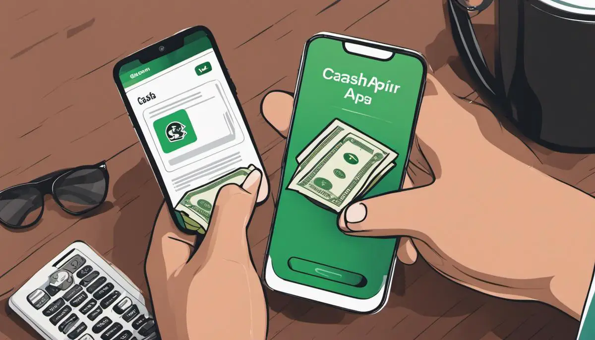 Illustration of a person using a smartphone to transfer money with the Cash App
