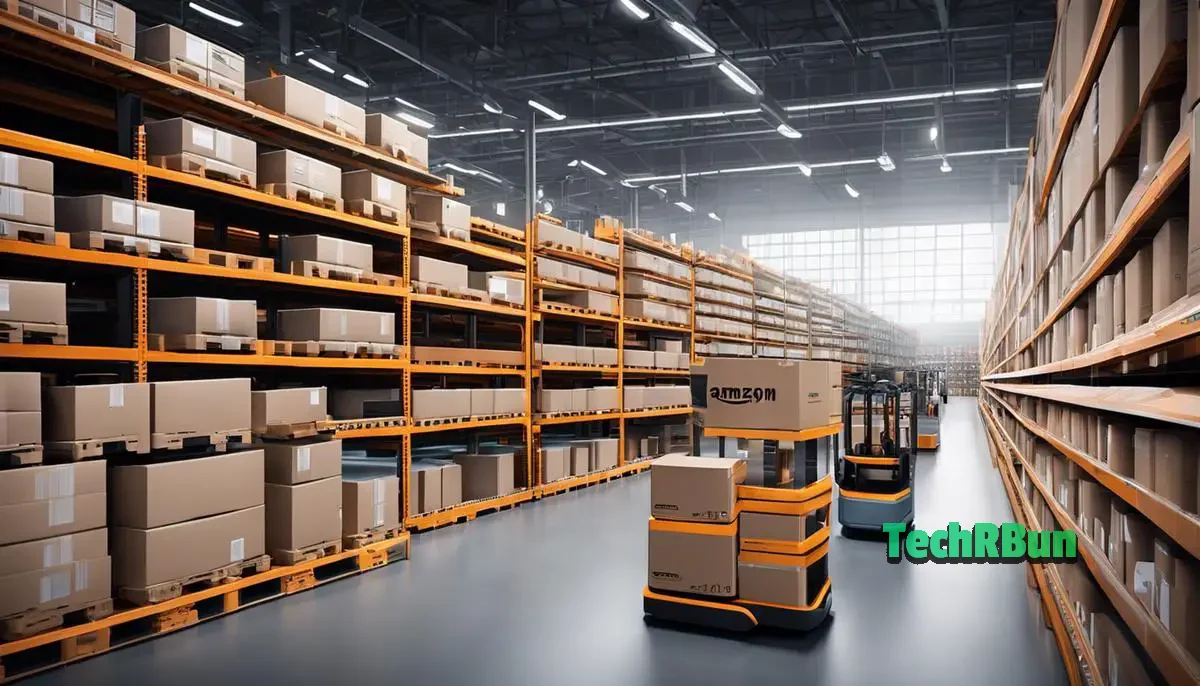 Image depicting a high-tech warehouse with robots picking items from shelves to emphasize the technological advancements in Amazon's order system.