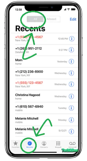 Recent call history in iPhone with filter set to display All calls. 