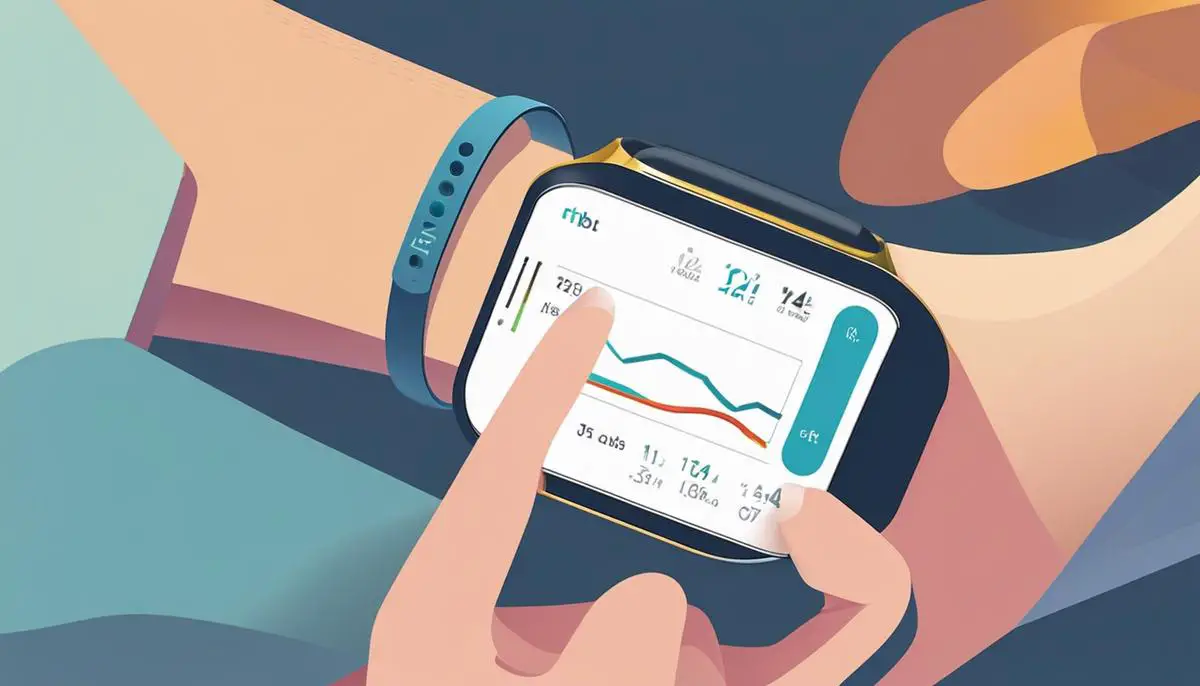 Illustration of a person using a Fitbit device and syncing it with a smartphone