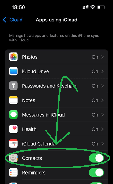 turning contacts sync ON for iCloud backup