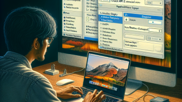 A person sitting at a desk, focused on their MacBook while adjusting settings on an external non-Retina display, with software tools like BetterDisplay open on the screen to unlock HiDPI modes for improved resolution.