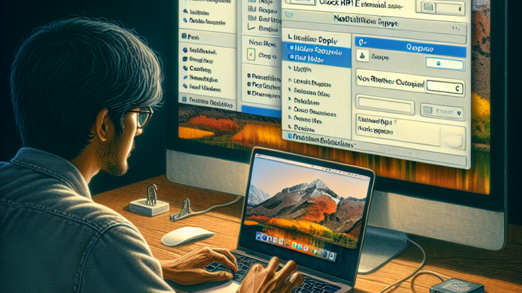 A person sitting at a desk, focused on their MacBook while adjusting settings on an external non-Retina display, with software tools like BetterDisplay open on the screen to unlock HiDPI modes for improved resolution.