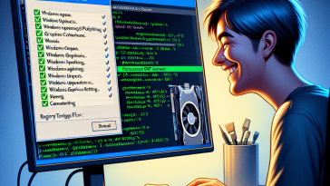 A person happily adjusting their GPU settings on a computer, showcasing a screen with graphics preferences and registry tweaks to prevent Windows updates from resetting them.