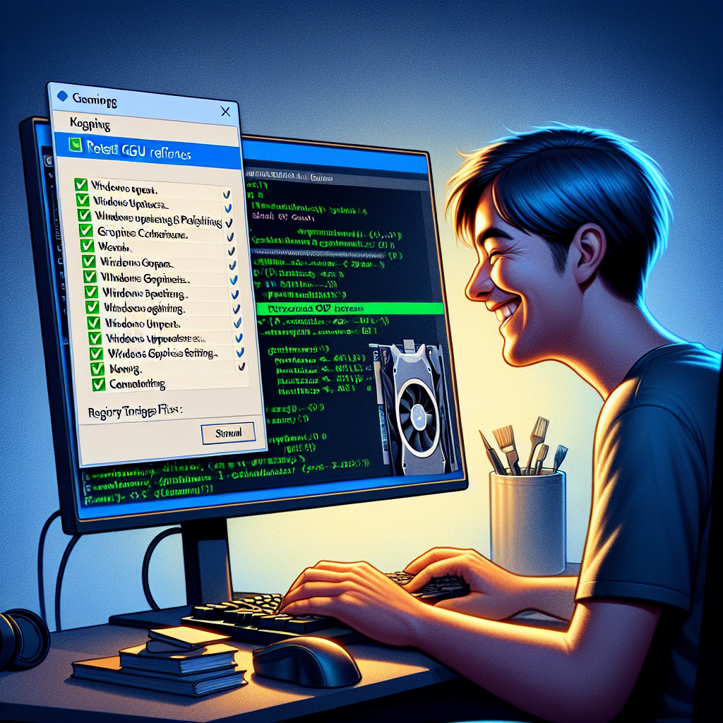 A person happily adjusting their GPU settings on a computer, showcasing a screen with graphics preferences and registry tweaks to prevent Windows updates from resetting them.
