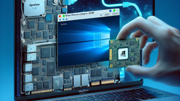 A MacBook with T2 or Apple Silicon chip displaying a smooth Windows boot sequence from an external SSD, showcasing the seamless integration of OpenCore or UTM for easy access.