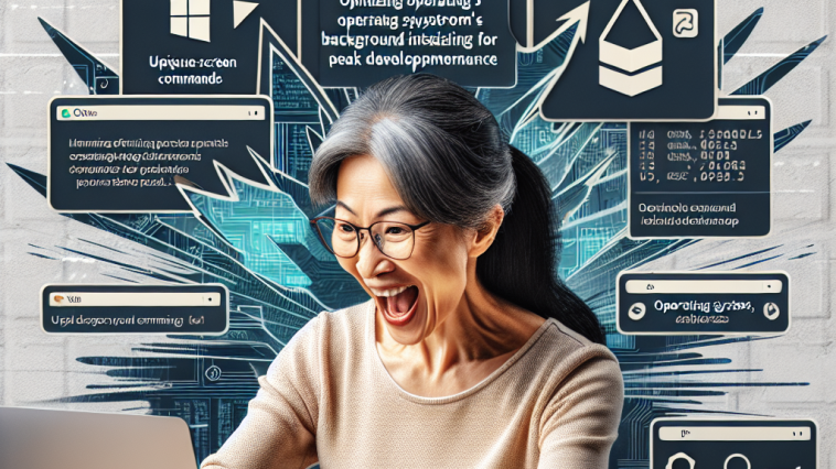 A person enthusiastically working on a laptop with a split-screen showing different operating systems, highlighting tips on optimizing background indexing for better development performance across macOS, Windows, and Linux.