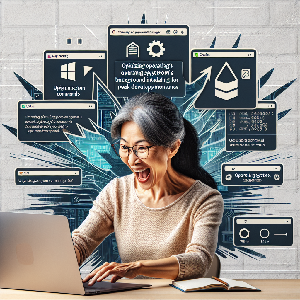 A person enthusiastically working on a laptop with a split-screen showing different operating systems, highlighting tips on optimizing background indexing for better development performance across macOS, Windows, and Linux.