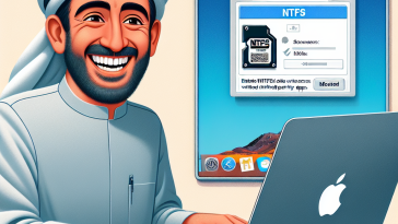A person happily typing on a MacBook, with a split screen showing the macOS interface and an NTFS drive successfully mounted, highlighting the ease of enabling NTFS write access on macOS Ventura and Sonoma without third-party apps.