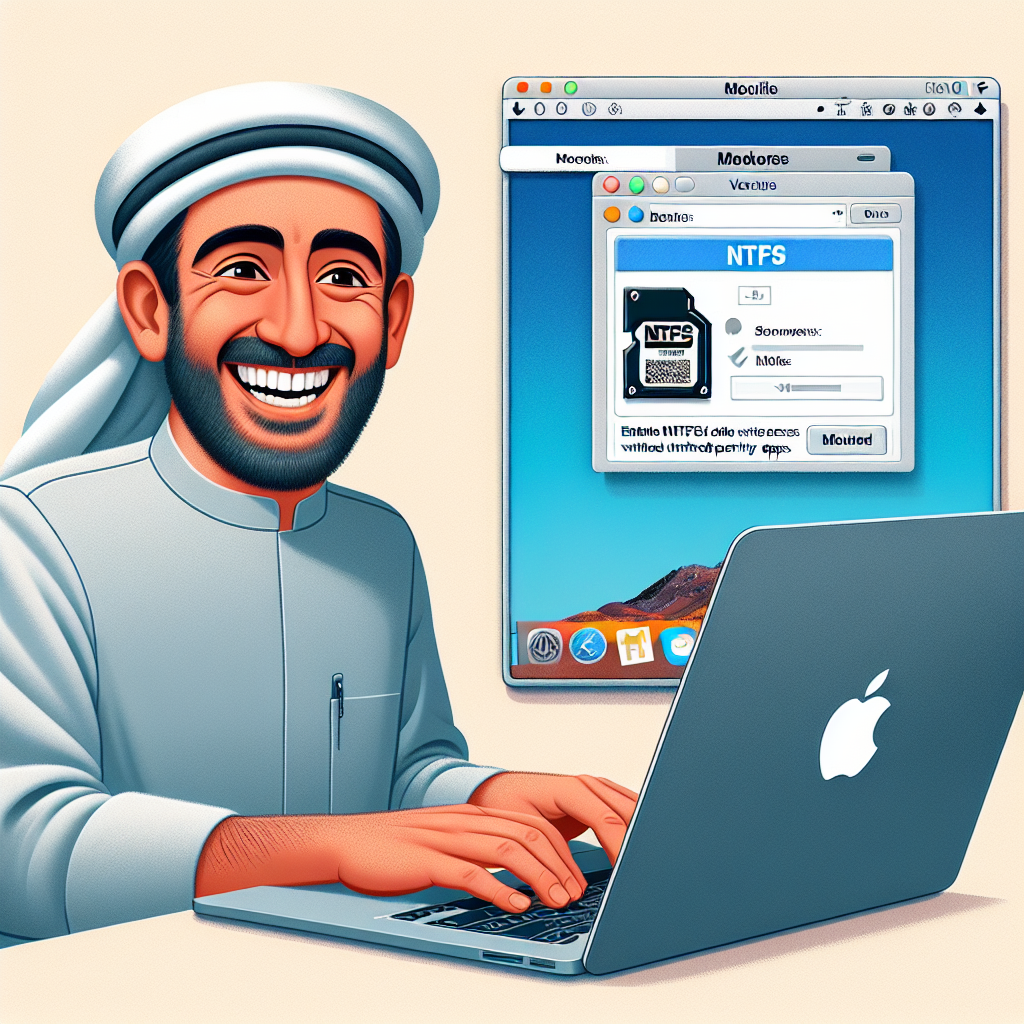 A person happily typing on a MacBook, with a split screen showing the macOS interface and an NTFS drive successfully mounted, highlighting the ease of enabling NTFS write access on macOS Ventura and Sonoma without third-party apps.