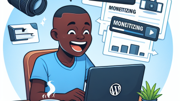 A person sitting at a desk, excitedly planning video content on their laptop, with notes and a coffee cup nearby, symbolizing the journey of monetizing videos on a WordPress site.