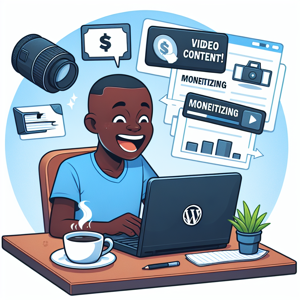 A person sitting at a desk, excitedly planning video content on their laptop, with notes and a coffee cup nearby, symbolizing the journey of monetizing videos on a WordPress site.